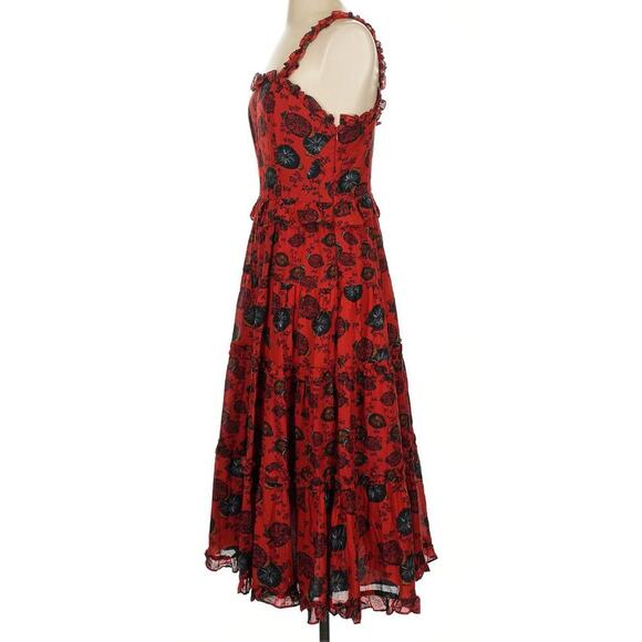 ULLA JOHNSON Midi Sun Dress Poppy Floral Ruffle Pockets Cotton 4 Square Neck Red - Picture 7 of 8